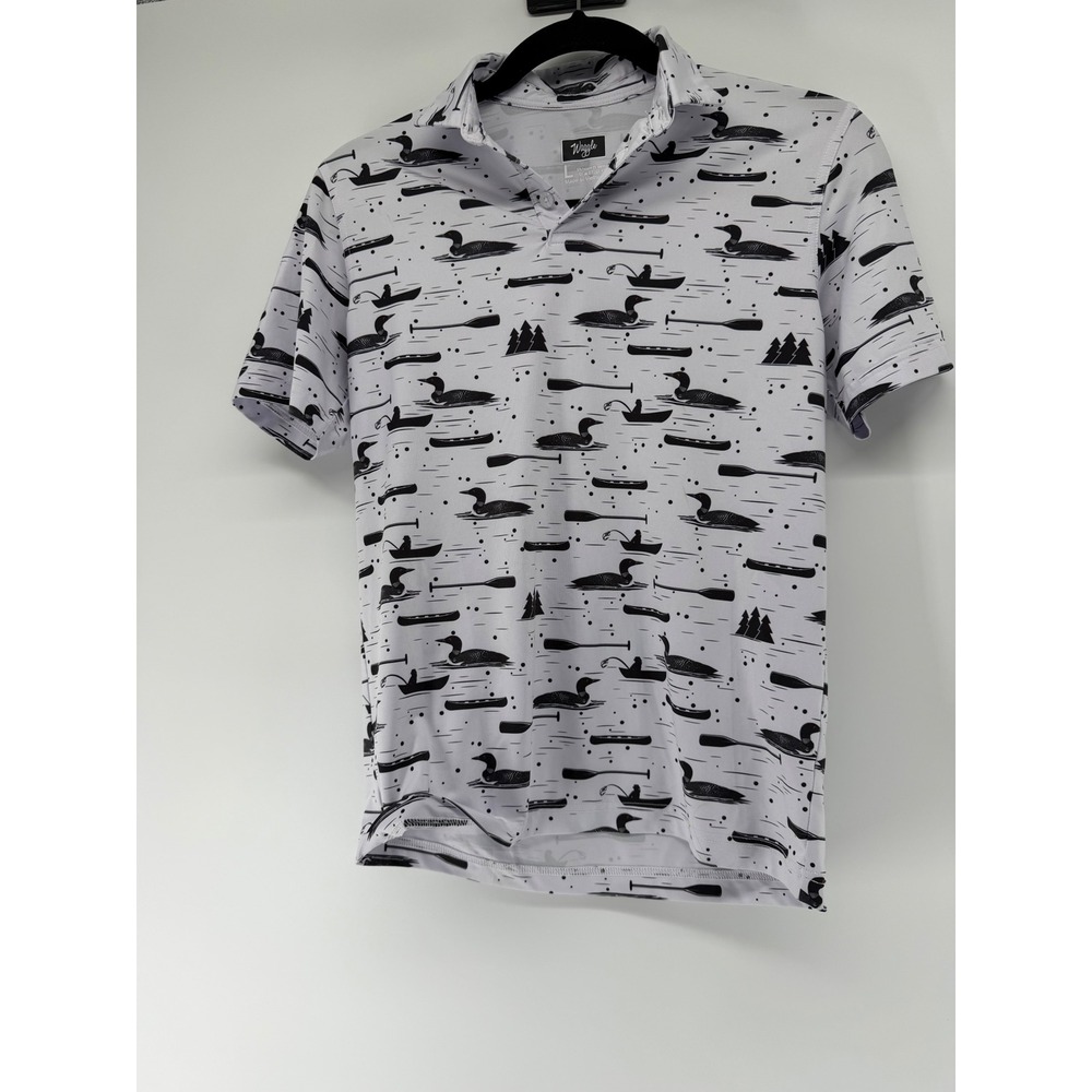 Waggle Golf Kids Polo Shirt White Black Loon Canoe Print Size Large L Stretch